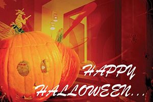 Halloween and doors in house Postcards template
