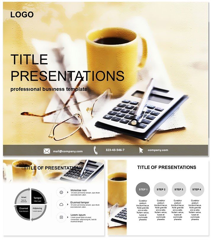 Cup of coffee and business Calculation PowerPoint Template